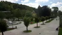 Widok na centrum Krynicy-Zdroju deptak, ścieżka, drzewa.