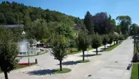 Widok na centrum Krynicy-Zdroju deptak, ścieżka, drzewa.