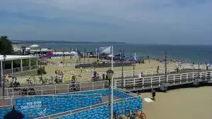Widok z kamery obrotowej na plaże i morze w Gdańsku Brzeźnie