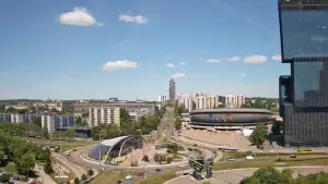 Widok z kamery na Spodek w Katowicach