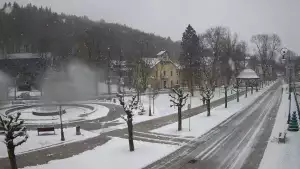 Widok na centrum Krynicy-Zdroju deptak, ścieżka, drzewa.