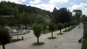 Widok na centrum Krynicy-Zdroju deptak, ścieżka, drzewa.