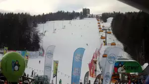 Widok na wieżę widokową znajdującą się na szczycie góry w Krynicy Zdroju