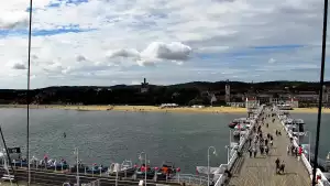 Kamera a z niej obraz na drewniane molo w Sopocie.