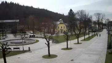 Widok na centrum Krynicy-Zdroju deptak, ścieżka, drzewa.