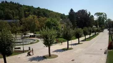 Widok na centrum Krynicy-Zdroju deptak, ścieżka, drzewa.