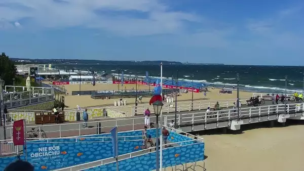Widok z kamery obrotowej na plaże i morze w Gdańsku Brzeźnie