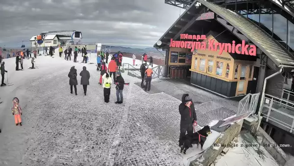 Widok na szczyt Jaworzyny Krynickiej i schronisko, w którym znajduje się muzeum i dyżurka GOPR-u