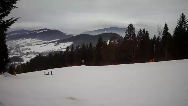 Widok na trasy narciarskie w Kasinie, gdzie czerwona trasa łączy się z niebieską.