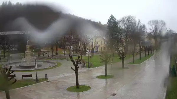 Widok na centrum Krynicy-Zdroju deptak, ścieżka, drzewa.