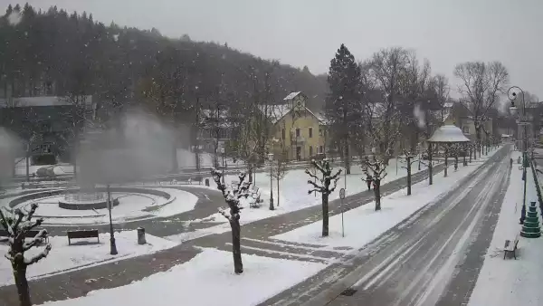 Widok na centrum Krynicy-Zdroju deptak, ścieżka, drzewa.