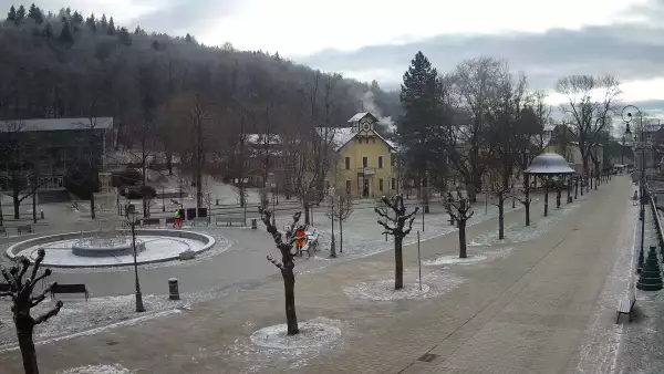 Widok na centrum Krynicy-Zdroju deptak, ścieżka, drzewa.