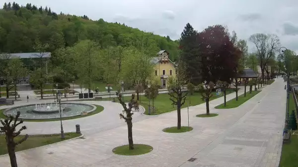 Widok na centrum Krynicy-Zdroju deptak, ścieżka, drzewa.