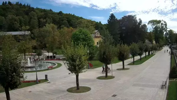 Widok na centrum Krynicy-Zdroju deptak, ścieżka, drzewa.