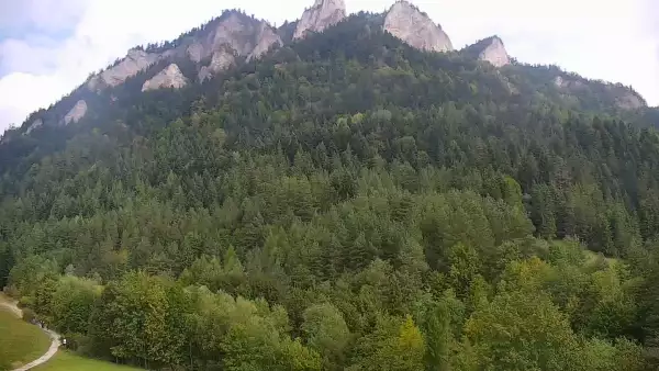 Widok na żywo na panoramę Sromowców Niżnych i rzekę Dunajec