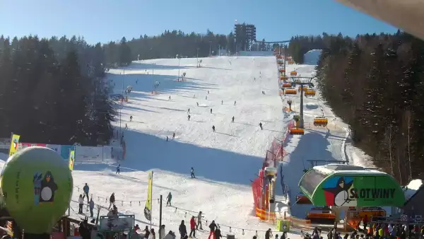 Widok na wieżę widokową znajdującą się na szczycie góry w Krynicy Zdroju