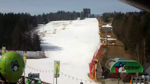 Widok na wieżę widokową znajdującą się na szczycie góry w Krynicy Zdroju