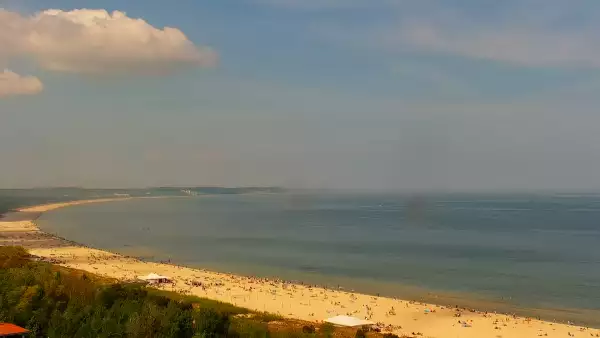 Kamery nad morzem na szeroką plażę i falochrony w Świnoujściu.