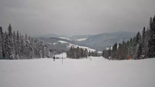 Wyciąg narciarski i fragment trasy zjazdowej ośrodka narciarskiego Wierchomla