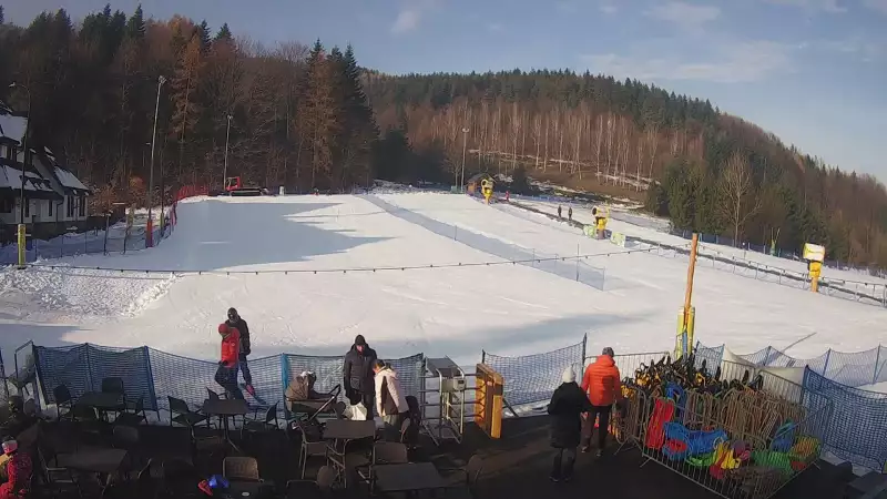 Widok na taśmę oraz Polanę Pingwina w ośrodku narciarskim Czarny Groń