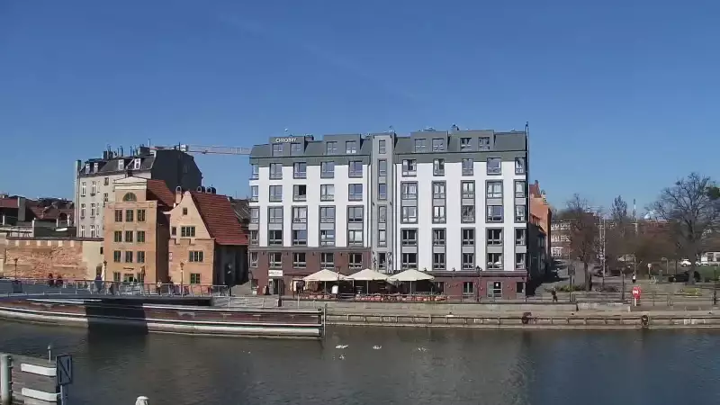Kamera z widokiem na Śródmieście oraz kładkę na Motławie