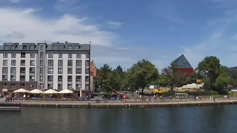 Kamera z widokiem na Śródmieście oraz kładkę na Motławie