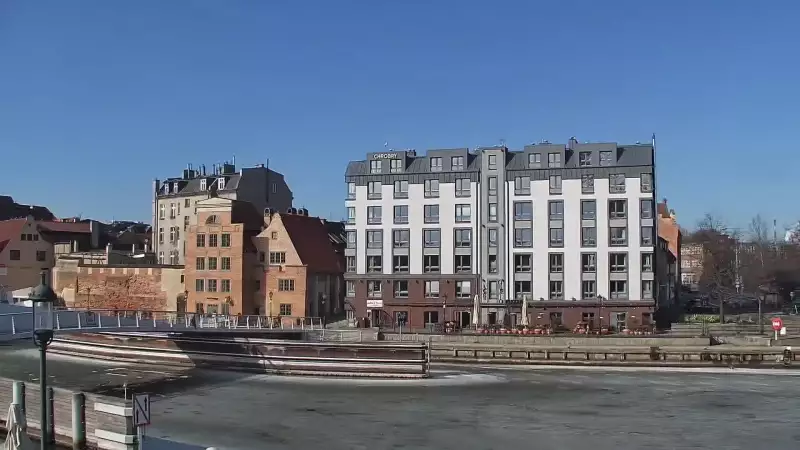 Kamera z widokiem na Śródmieście oraz kładkę na Motławie