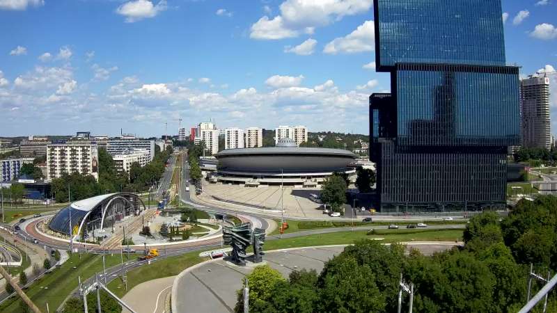Widok z kamery na Spodek w Katowicach