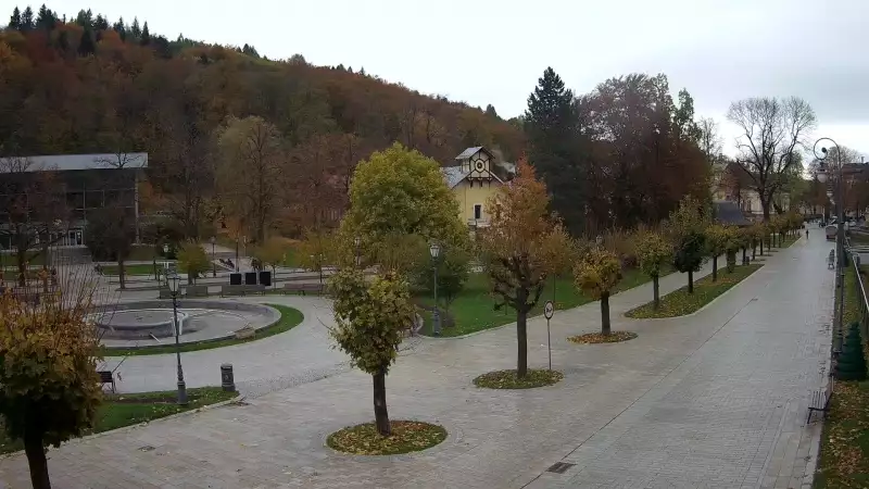 Widok na centrum Krynicy-Zdroju deptak, ścieżka, drzewa.