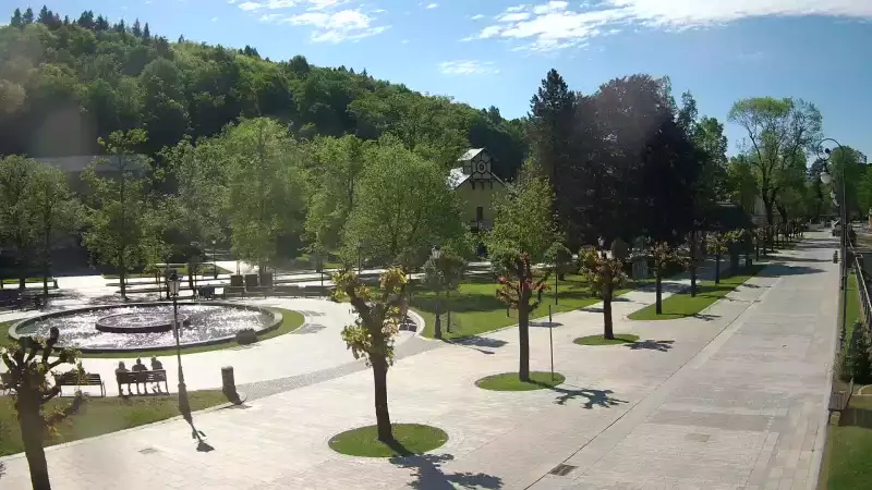 Widok na centrum Krynicy-Zdroju deptak, ścieżka, drzewa.