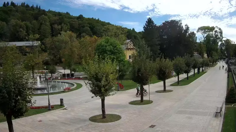 Widok na centrum Krynicy-Zdroju deptak, ścieżka, drzewa.