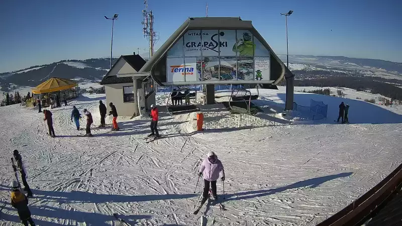 Kamera pokazuje górną stację kolei linowej na GrapaSki