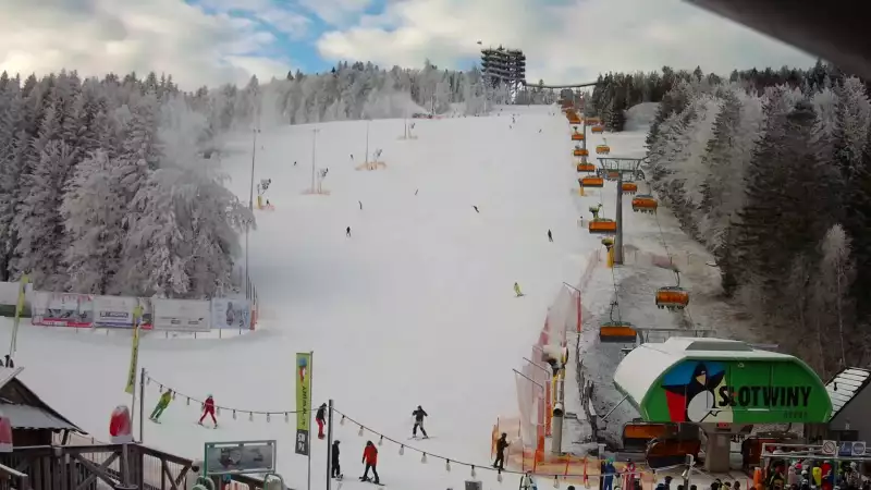 Widok na wieżę widokową znajdującą się na szczycie góry w Krynicy Zdroju