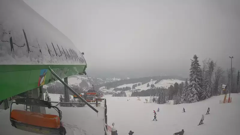 Widok na stok narciarski i kolej z górnej stacji kompleksu Słotwiny Arena w Krynicy