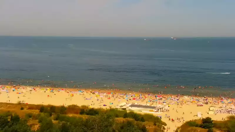 Kamery nad morzem na szeroką plażę i falochrony w Świnoujściu.