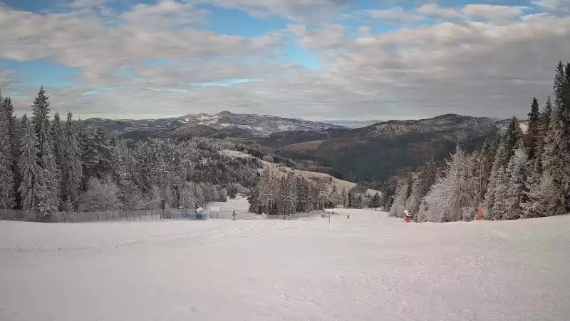Wyciąg narciarski i fragment trasy zjazdowej ośrodka narciarskiego Wierchomla