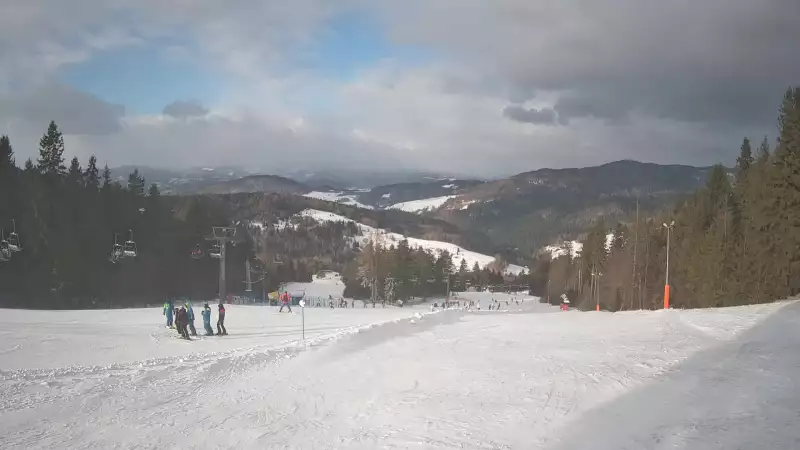 Wyciąg narciarski i fragment trasy zjazdowej ośrodka narciarskiego Wierchomla