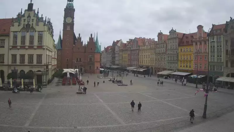Wrocław - widok na rynek główny we Wrocławiu z kamery stałej.