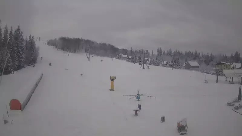 Kamera prezentuje obraz na żywo ze szkółki narciarskiej w Istebnej.