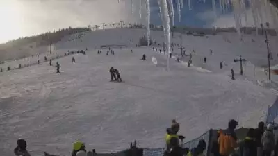 Tlumy narciarzy szusujących wśród spadających platków śniegu na czynnych stokach narciarskich.