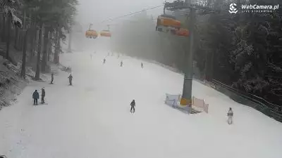 Widok na zjeżdżających narciarzy w ośrodku Biały jar w Karpaczu.