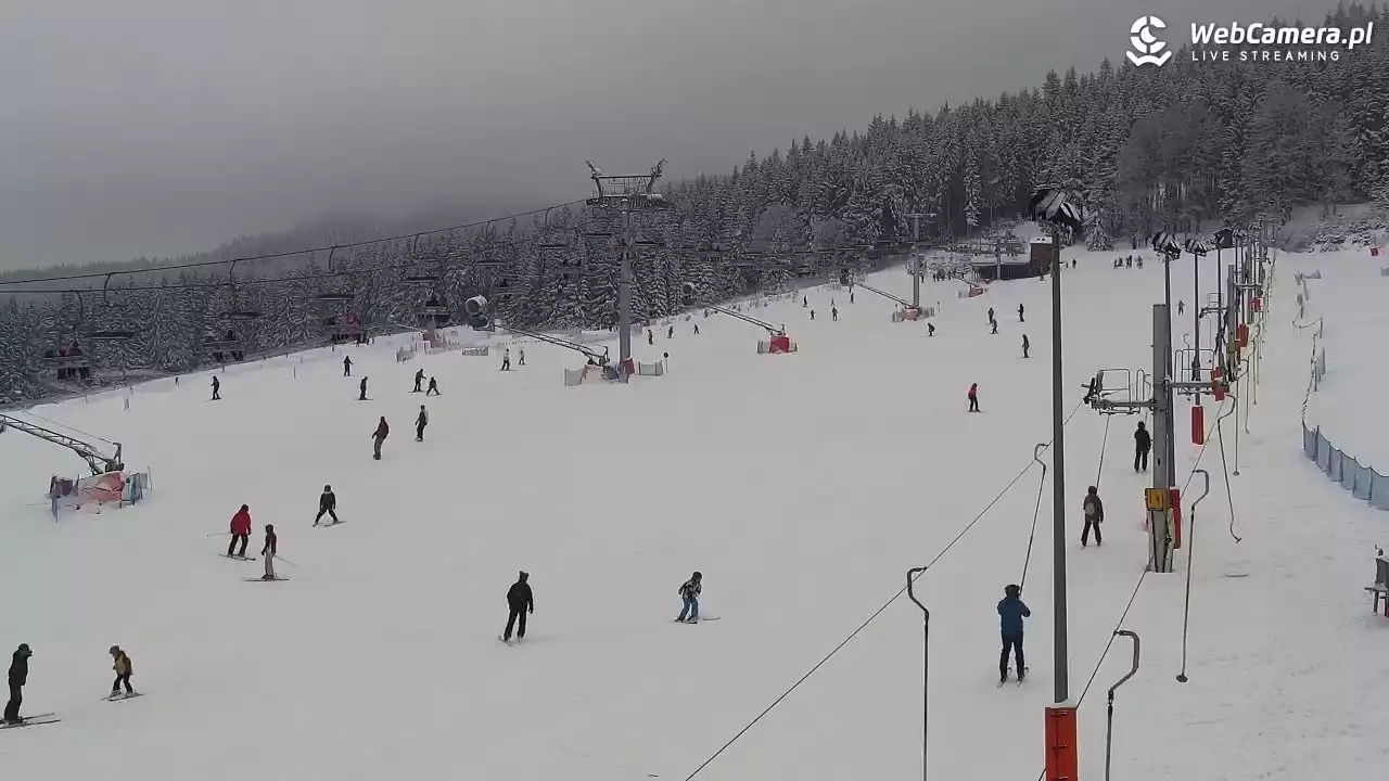 widok z kamery na narciarzy i snowboardzistów szusujących na trasach w ośrodku narciarskim Czarna Góra Sienna 