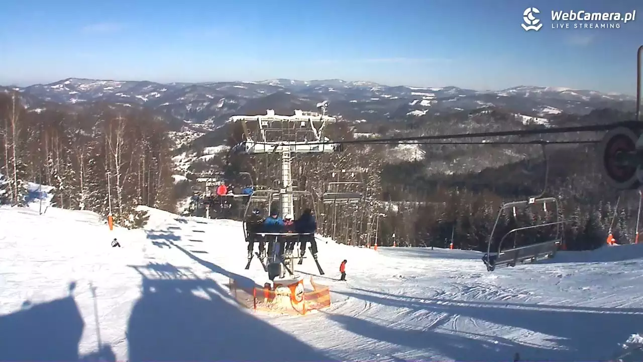 Widok na 4-osobową kolej krzesełkową oraz narciarzy i snowboardzistów którzy korzystają z uroków zimy na stokach SOSZOWA w Wiśle.