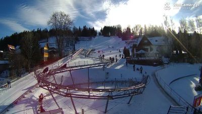 Karpacz - centrum sportowe KOLOROWA Dolna stacja torów zjazdowych, rynna zjazdowa, tor saneczkowy