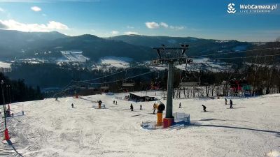 Nowa Osada w Wiśle. Miejsce dla miłośników nart i snowboardu Duża część stoku po którym szusują narciarze, urządzenia do naśnieżania a w centralnej częśći wyciąg krzesełkowy