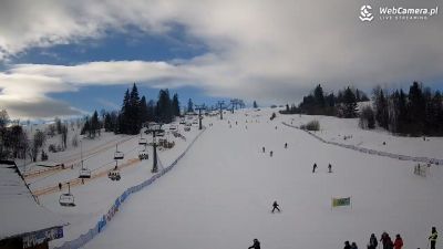 Stacja narciarska Witów Ski Trasa zjazdowa, wyciag krzesełkowy i dolna stacja ośrodka narciarskiego Witów Ski
