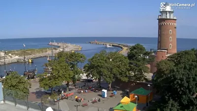 Wakacyjny Kołobrzeg latarnia i port Turyści zwiedzający latarnię w Kołobrzegu - lato 2025
