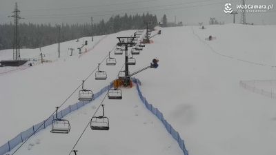 Bania Ski&Fun - widok na zaśnieżone trasy i pusty wyciąg krzesełkowy Jeden z większych kurortów narciarskich w Polsce zamknięty z powodu wirusa covid-19