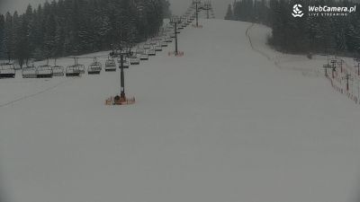 Ośnieżone i puste krzesełka oraz trasy na stoku Koziniec Ski w Czarnej Górze. Widok na pusty stok Koziniec Ski w Czarnej Górze koło Białki Tatrzańskiej i Bukowiny.