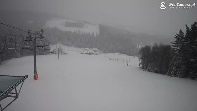 Głucho, pusto i mroźnie na stoku narciarskim Tylicz.ski Widok z Kamery na zaśnieżoną i pustą część trasy w ON TYLICZ.ski